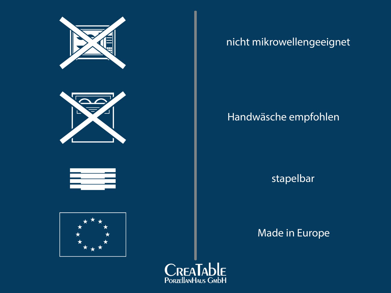 Infografik in Frontalansicht mit Piktogrammen und Text: nicht mikrowellengeeignet, Handwäsche empfohlen, stapelbar, Made in Europe; unten Logo CreaTable PorzellanHaus GmbH