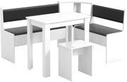 Weiße Eckbankgruppe mit rechteckigem Tisch, zwei Eckbänken mit schwarzen Sitz- und Rückenpolstern sowie kleinem Hocker, freigestellt vor weißem Hintergrund, Ansicht schräg von vorne.