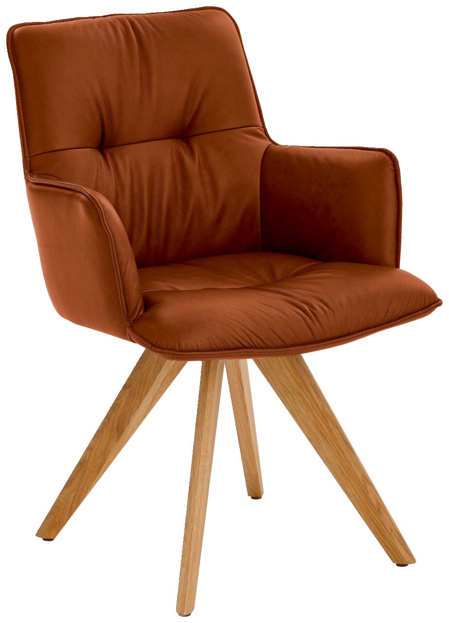 Design-Schalensessel in braunem Leder mit Holzbeinen, seitliche Perspektive