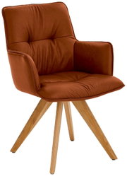 Design-Schalensessel in braunem Leder mit Holzbeinen, seitliche Perspektive