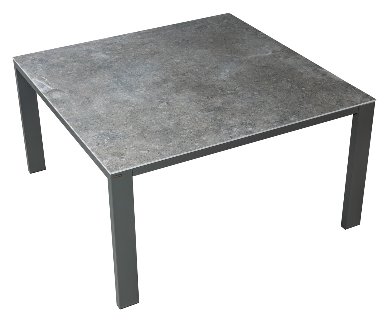 Moderner quadratischer Esstisch mit grauer Steinoptik-Tischplatte und Metallbeinen, Perspektive von oben.