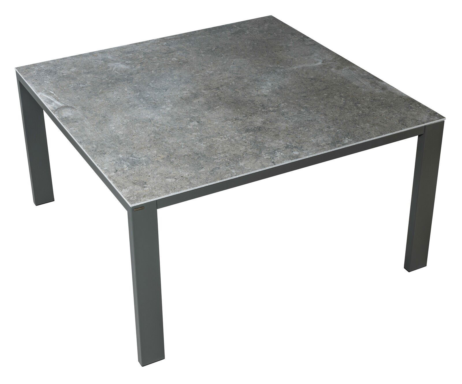 Moderner quadratischer Esstisch mit grauer Steinoptik-Tischplatte und Metallbeinen, Perspektive von oben.