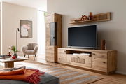 Moderne Wohnzimmer-Wandkombination aus Holz mit TV-Schrank, Vitrine und Wandregal, seitliche Perspektive.