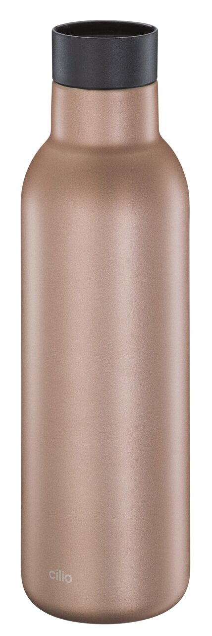 Isoliertrinkflasche 450 ml in Bronze mit schwarzem Deckel, frontale Ansicht