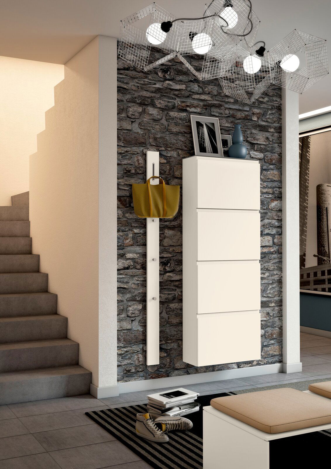 Moderner Hängeschuhschrank 4K-T33 in einem stilvollen Flur, seitliche Perspektive