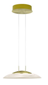 LED-Pendelleuchte FINDUS in Seitenansicht mit goldener Deckenhalterung und weißem, flachem Lampenschirm.