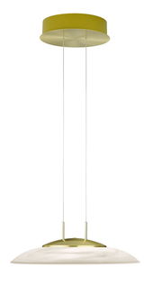 LED-Pendelleuchte FINDUS in Seitenansicht mit goldener Deckenhalterung und weißem, flachem Lampenschirm.