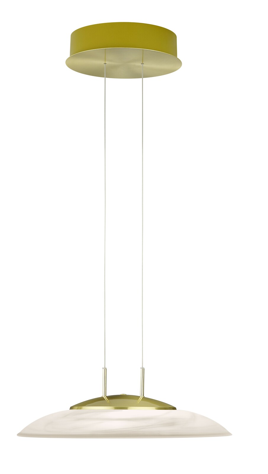 LED-Pendelleuchte FINDUS in Seitenansicht mit goldener Deckenhalterung und weißem, flachem Lampenschirm.