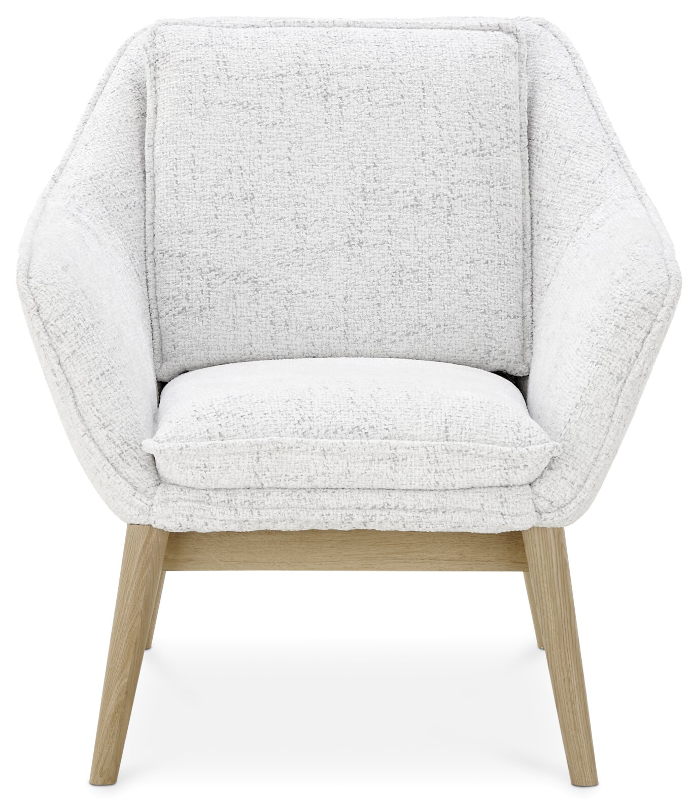 Moderner Sessel mit hellgrauem Stoffbezug und Holzbeinen, Frontalansicht