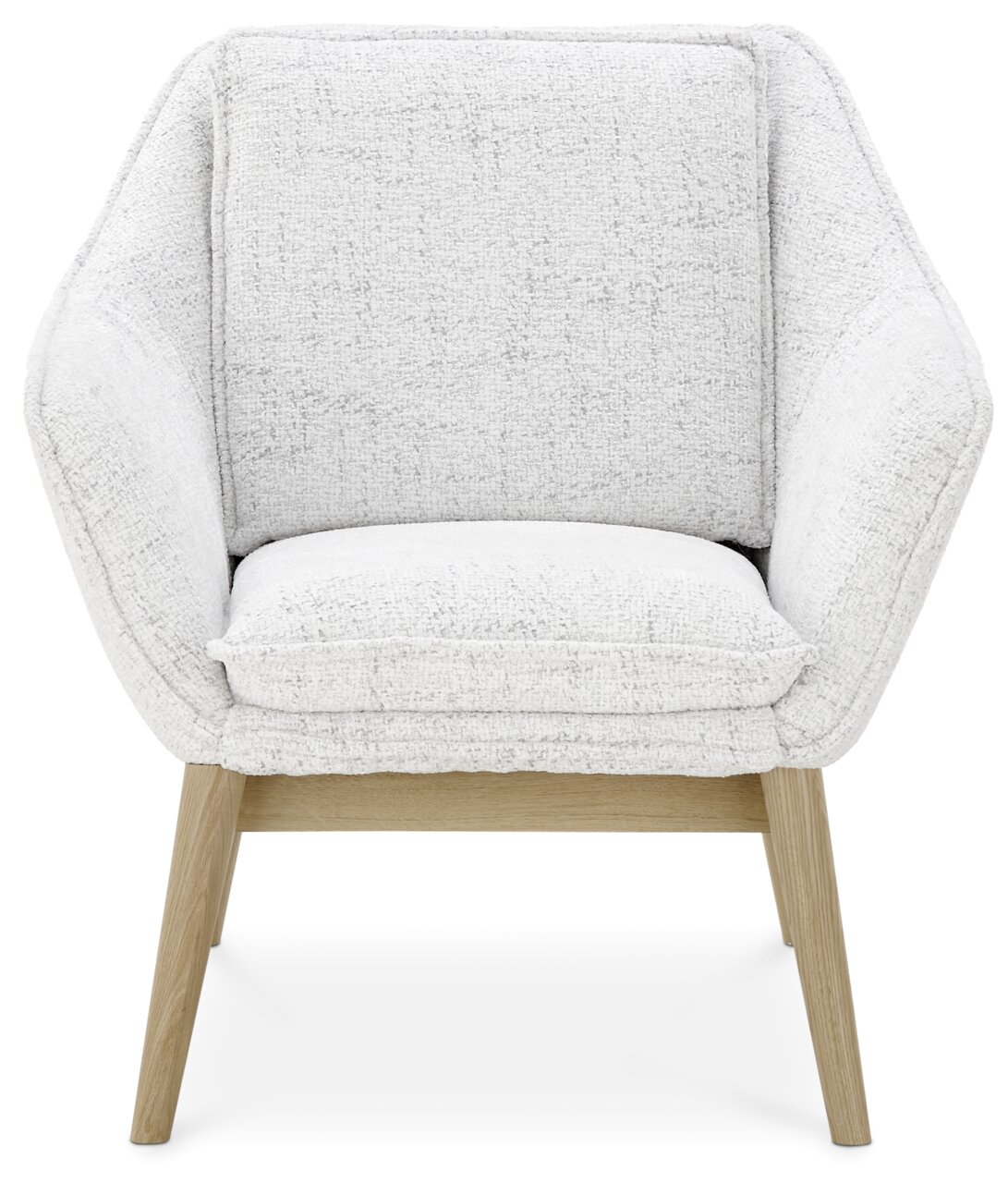 Moderner Sessel mit hellgrauem Stoffbezug und Holzbeinen, Frontalansicht