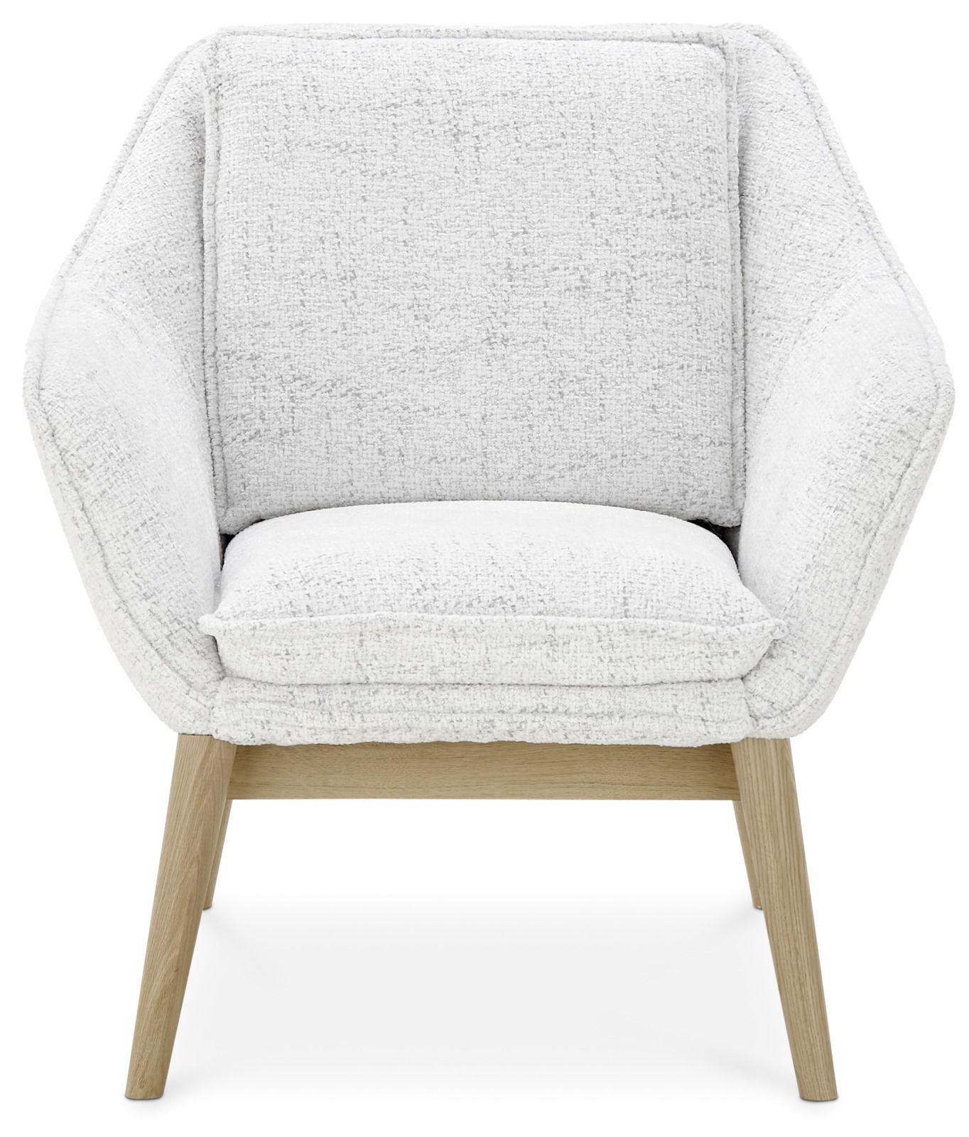 Moderner Sessel mit hellgrauem Stoffbezug und Holzbeinen, Frontalansicht