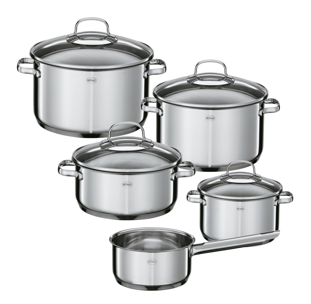 Rösle Topfset 5-tlg. ELEGANCE Topfset Elegance 5-tlg. aus Edelstahl, bestehend aus vier Töpfen mit Glasdeckeln und einem Stieltopf, in einer frontalen Perspektive.