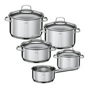Topfset Elegance 5-tlg. aus Edelstahl, bestehend aus vier Töpfen mit Glasdeckeln und einem Stieltopf, in einer frontalen Perspektive.