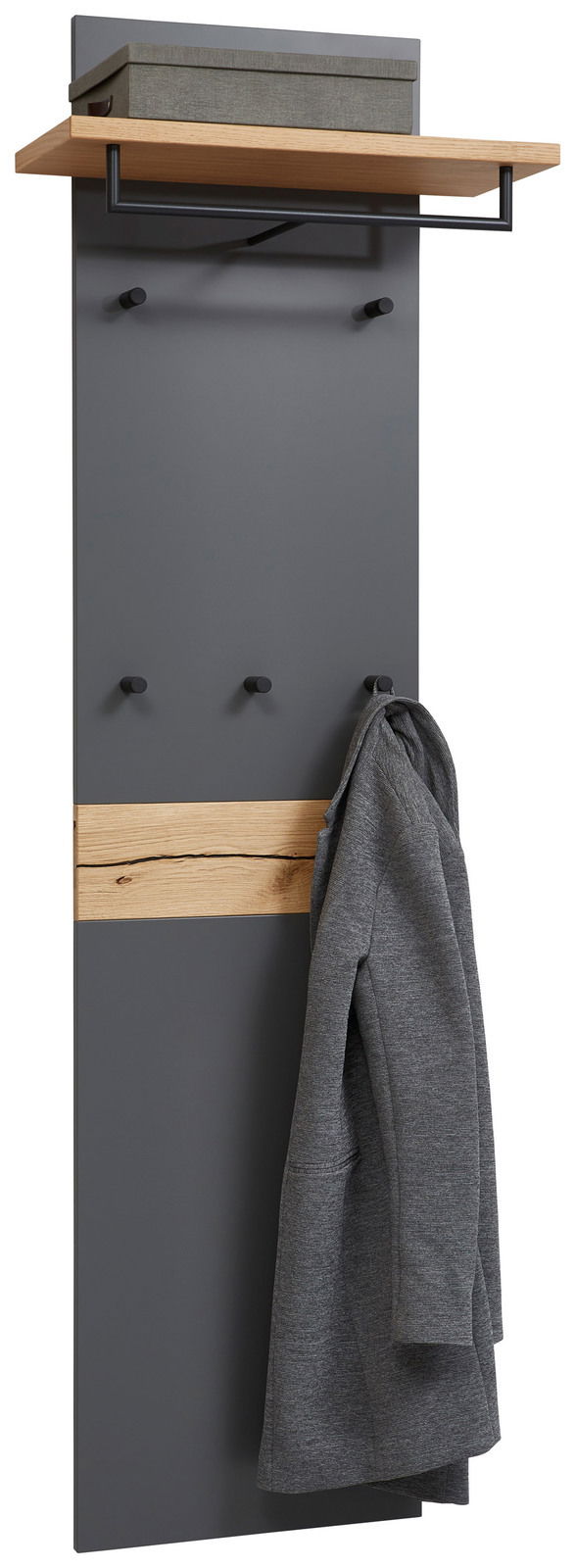 Dieter Knoll Garderobenpaneel lang ARCO TREND Garderobenpaneel in dunklem Grau mit Holzelementen, mehreren Haken und einer Ablage, seitliche Perspektive