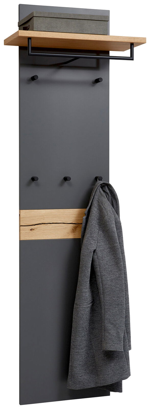 Dieter Knoll Garderobenpaneel lang ARCO TREND Garderobenpaneel in dunklem Grau mit Holzelementen, mehreren Haken und einer Ablage, seitliche Perspektive