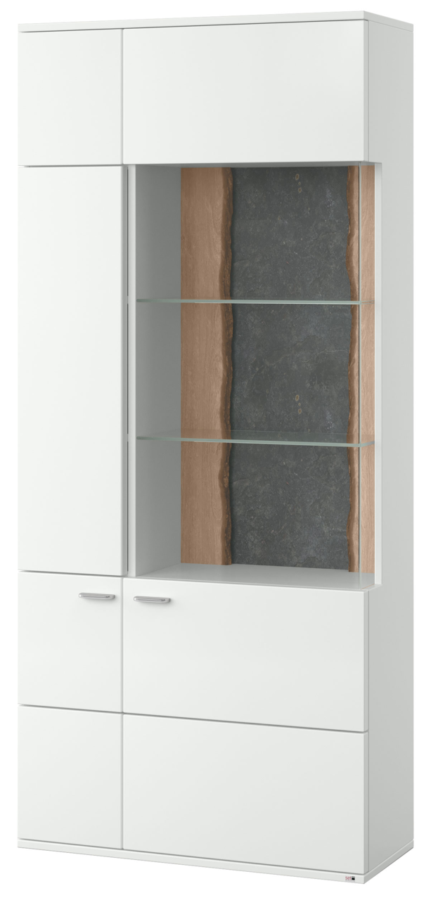 Set one by Musterring Vitrine re, TACOMA Moderne weiße Vitrine mit Glastüren und Holzrückwand, frontal betrachtet.