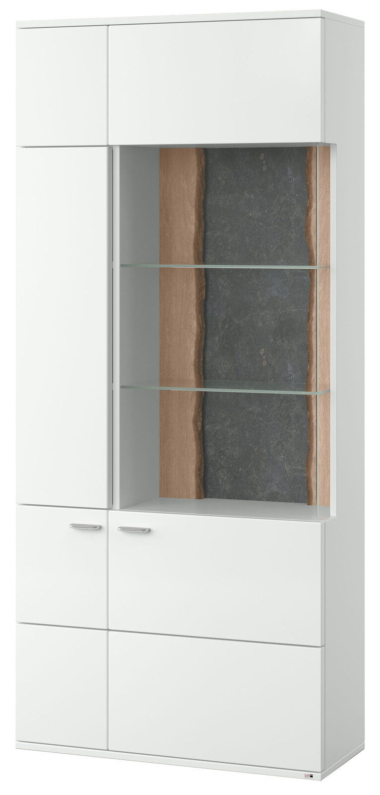 Set one by Musterring Vitrine re, TACOMA Moderne weiße Vitrine mit Glastüren und Holzrückwand, frontal betrachtet.