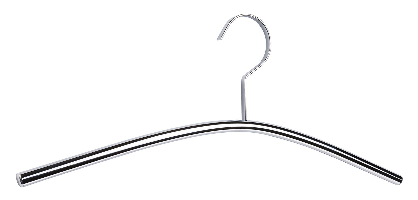 Metallischer Garderobenbügel in Frontalansicht mit gebogenem Design und Haken.