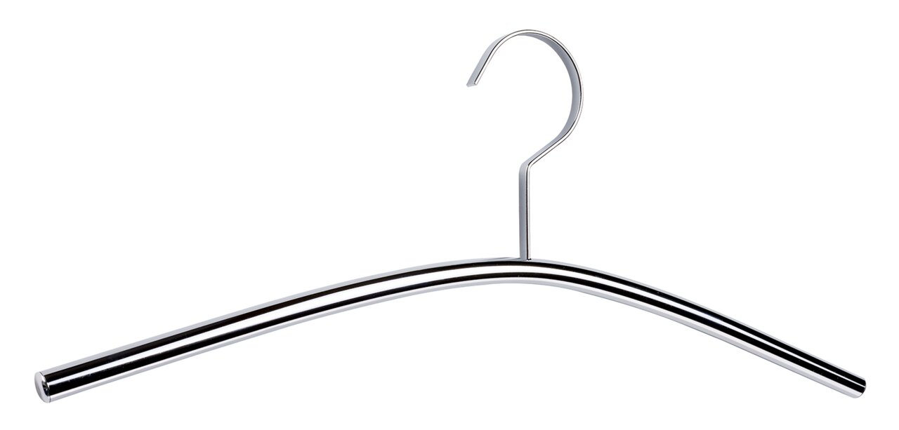 Metallischer Garderobenbügel in Frontalansicht mit gebogenem Design und Haken.