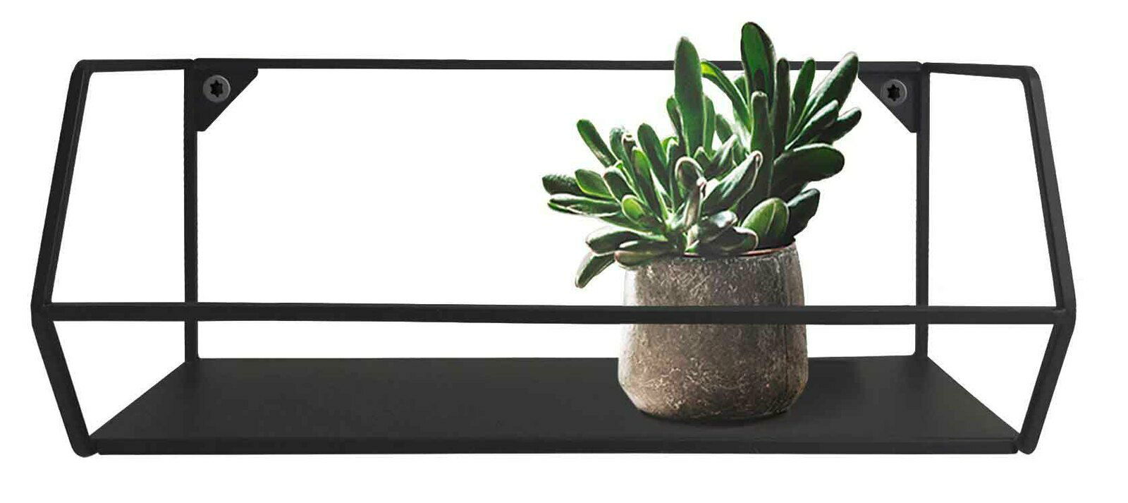Schwarzes Wandregal mit geometrischem Design, frontal abgebildet, mit einer kleinen Pflanze in einem Topf.
