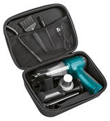 Akku-Zyklon-Handstaubsauger in einer Tragetasche mit verschiedenen Aufsätzen, von oben betrachtet.