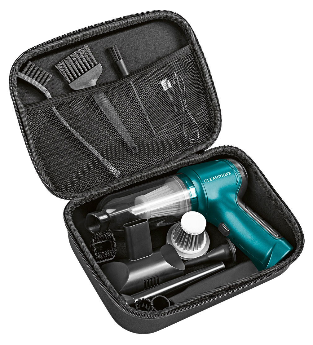 Akku-Zyklon-Handstaubsauger in einer Tragetasche mit verschiedenen Aufsätzen, von oben betrachtet.