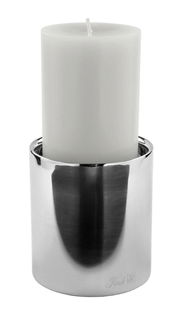 Edelstahl Stumpenhalter mit weißer Kerze, seitliche Perspektive