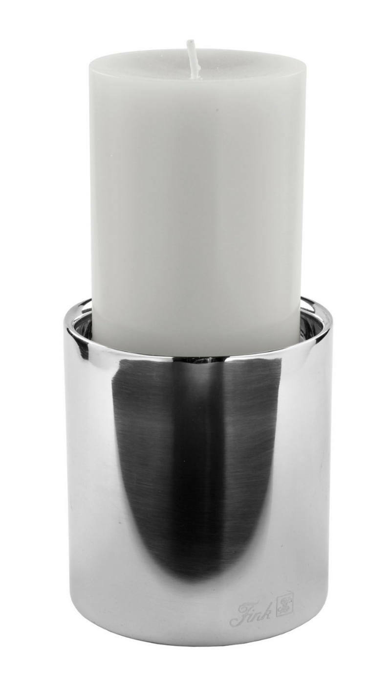 Edelstahl Stumpenhalter mit weißer Kerze, seitliche Perspektive