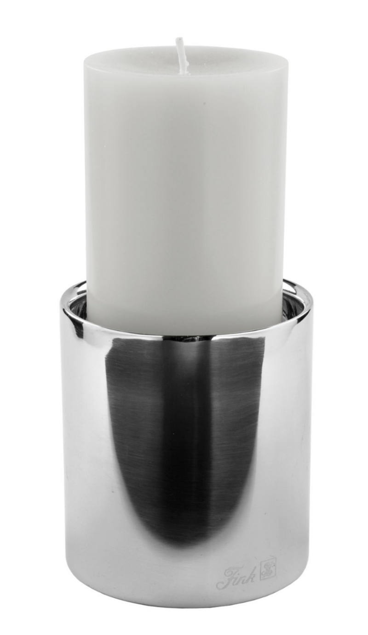 Edelstahl Stumpenhalter mit weißer Kerze, seitliche Perspektive