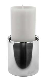 Edelstahl Stumpenhalter mit weißer Kerze, seitliche Perspektive