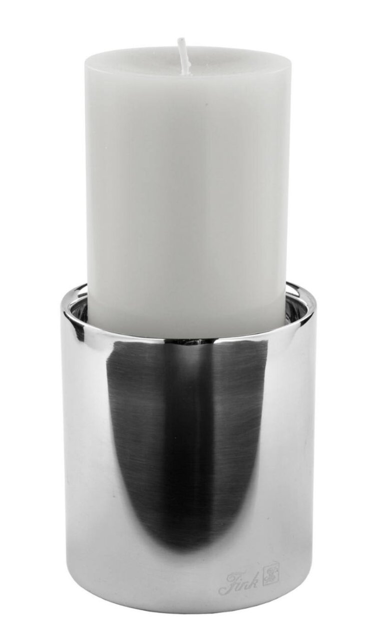 Fink Stumpenhalter W-26 Edelstahl Stumpenhalter mit weißer Kerze, seitliche Perspektive