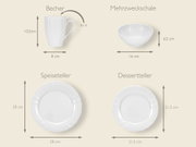 Infografik eines weißen Geschirrsets mit Maßangaben, frontale Ansicht: Becher 30 cl (10,5 cm hoch, 8 cm breit), Mehrzweckschale 16 cm Ø (6,5 cm hoch), Speiseteller 28 cm Ø und Dessertteller 21,5 cm Ø.