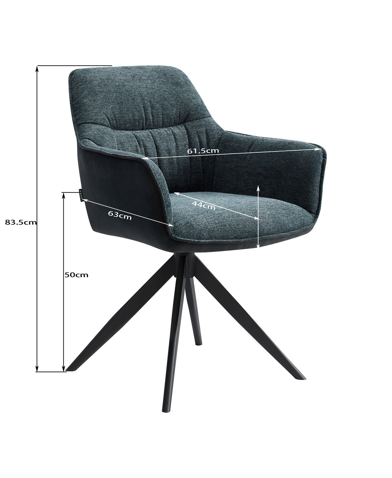 Moderner Sessel mit gepolstertem Sitz und Rückenlehne in grauem Stoff, schwarzem Untergestell und Armlehnen, seitliche Perspektive.
