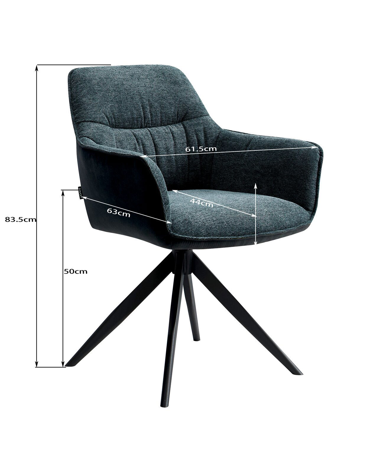 Moderner Sessel mit gepolstertem Sitz und Rückenlehne in grauem Stoff, schwarzem Untergestell und Armlehnen, seitliche Perspektive.