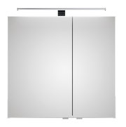 Frontalansicht eines modernen Spiegelschranks mit zwei Türen und integrierter Beleuchtung oben.