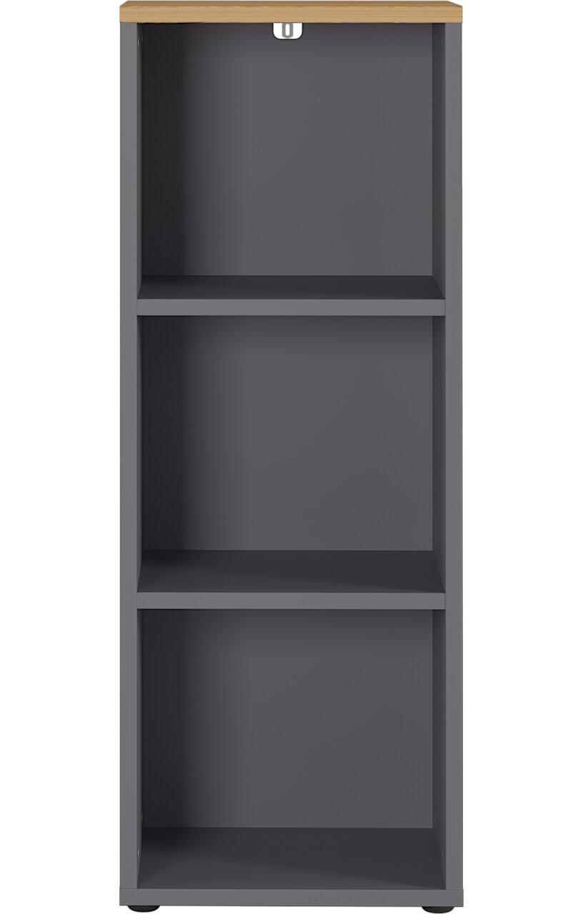 Frontale Ansicht eines grauen Aktenregals mit drei offenen Fächern und einer Holzoberfläche.