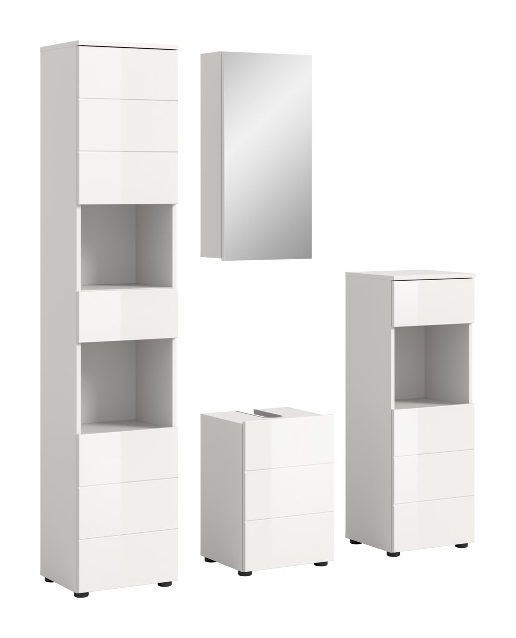 Moderne weiße Badkombination bestehend aus einem hohen Schrank mit Schubladen, einem Hängeschrank mit Spiegel, einem mittelhohen Schrank und einem kleinen Schrank, alle in einer frontalen Perspektive.