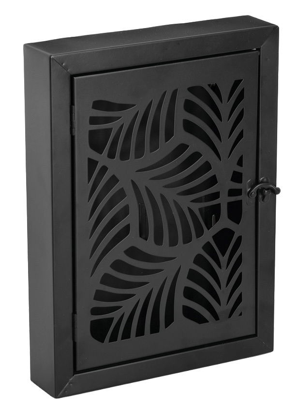 Schwarzer Metallschlüsselkasten mit dekorativem Blattmuster auf der Vorderseite, seitliche Perspektive