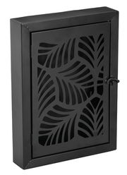 Schwarzer Metallschlüsselkasten mit dekorativem Blattmuster auf der Vorderseite, seitliche Perspektive