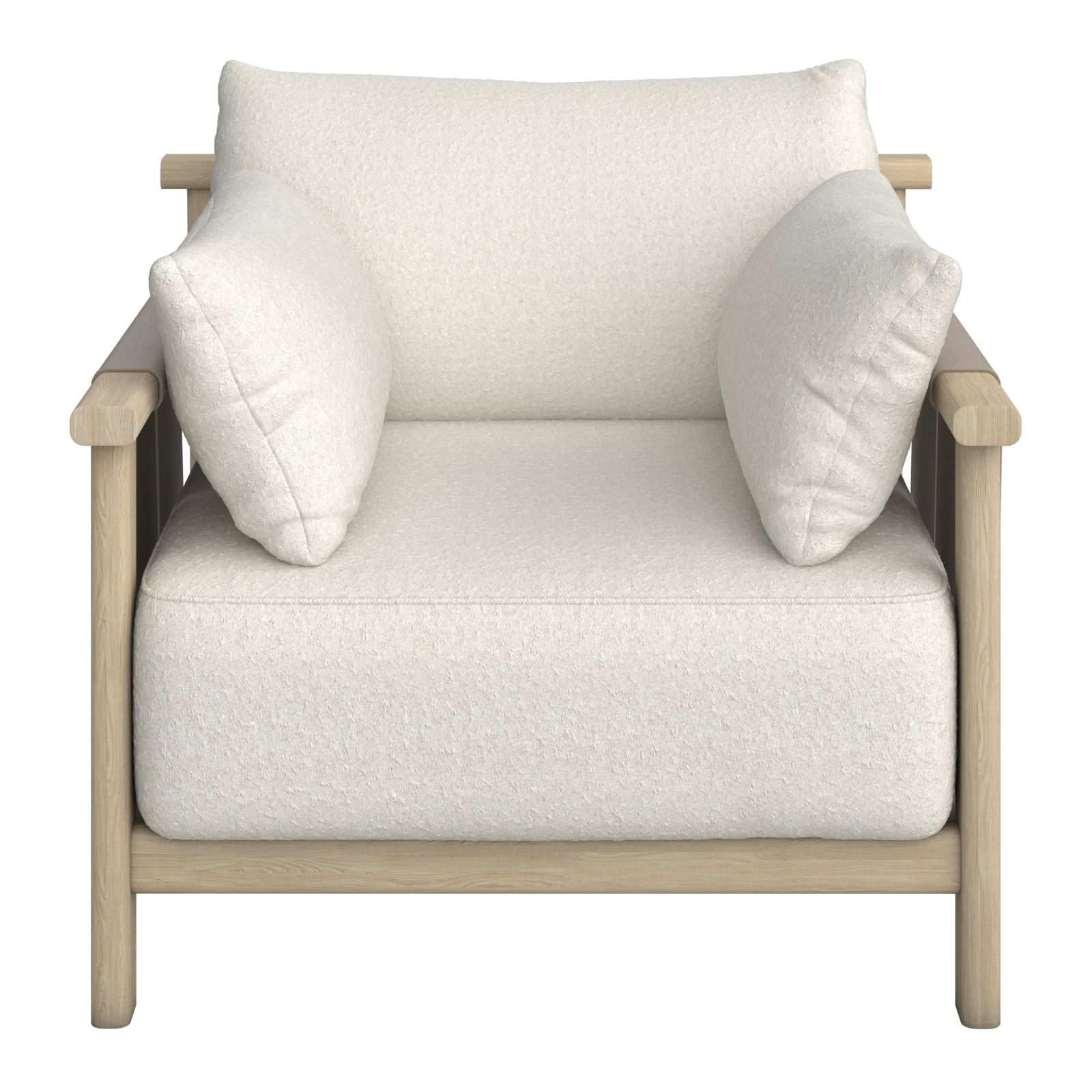 Moderner Loungesessel mit hellem Holzrahmen und weißen Kissen, Frontalansicht