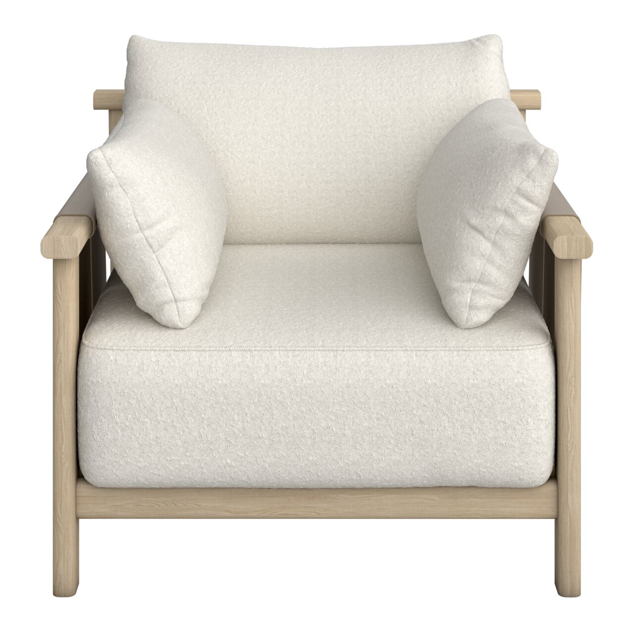 Moderne loungestoel met een lichthouten frame en witte kussens, vooraanzicht