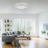 Moderne Deckenleuchte RITUS in einem stilvollen Wohnzimmer, von unten betrachtet.