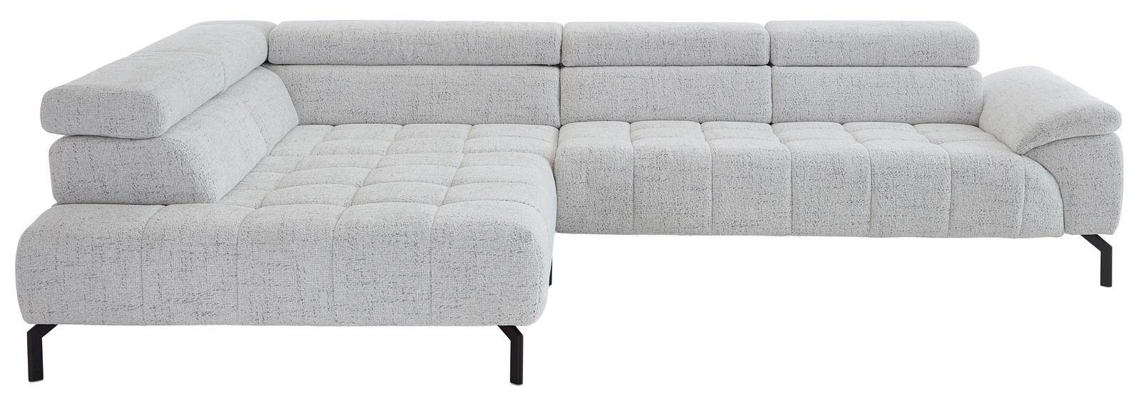 Graue Eckgarnitur mit moderner Polsterung und schwarzen Metallfüßen, seitliche Perspektive