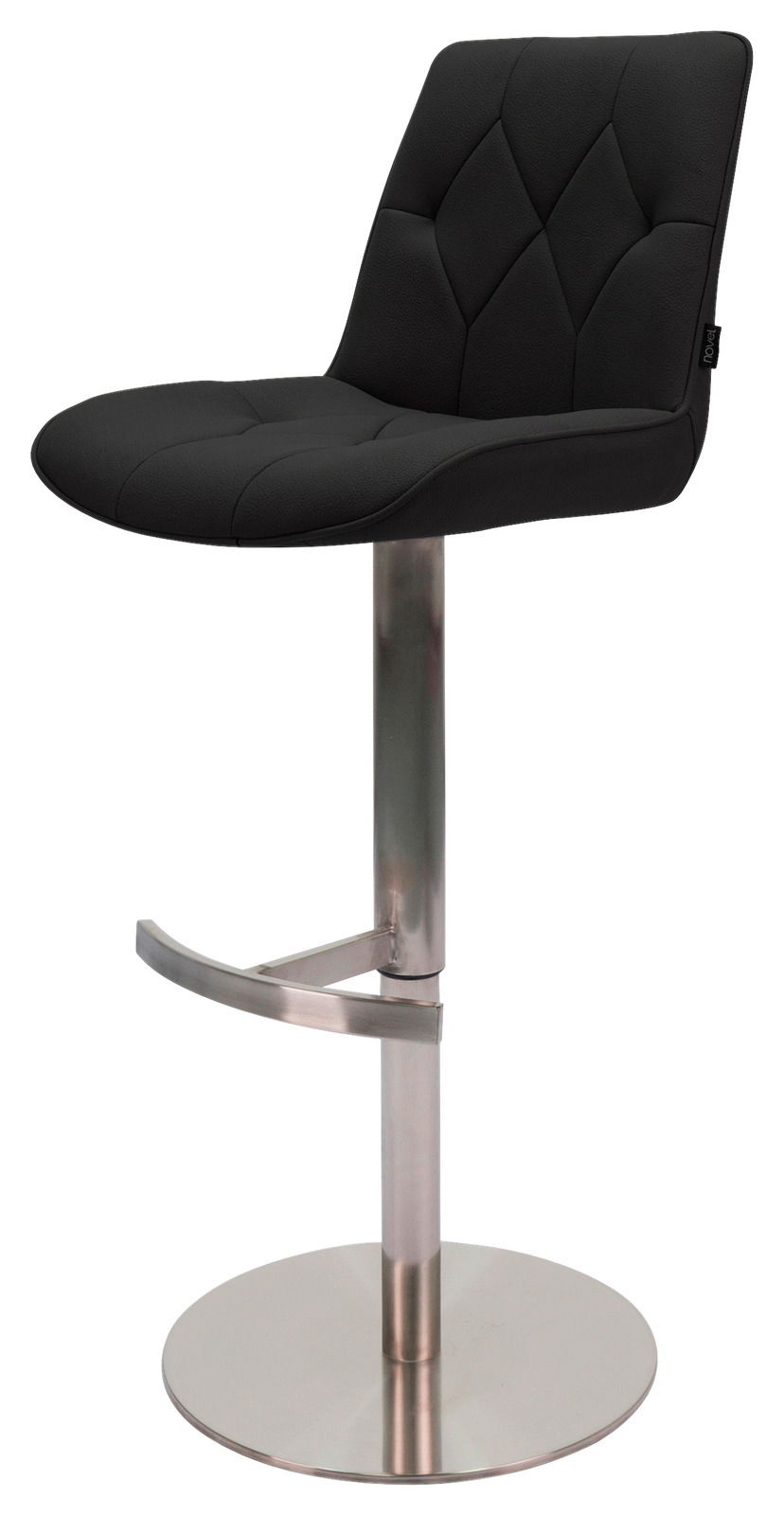 Novel Barhocker HENRY Moderner Barhocker mit schwarzem, gepolstertem Sitz und Rückenlehne, auf einem verchromten Standfuß mit Fußstütze. Seitenansicht.