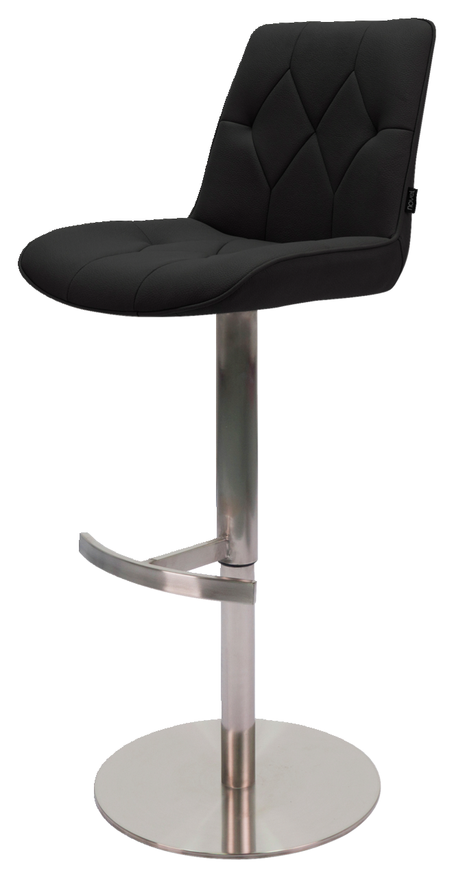 Novel Barhocker HENRY Moderner Barhocker mit schwarzem, gepolstertem Sitz und Rückenlehne, auf einem verchromten Standfuß mit Fußstütze. Seitenansicht.