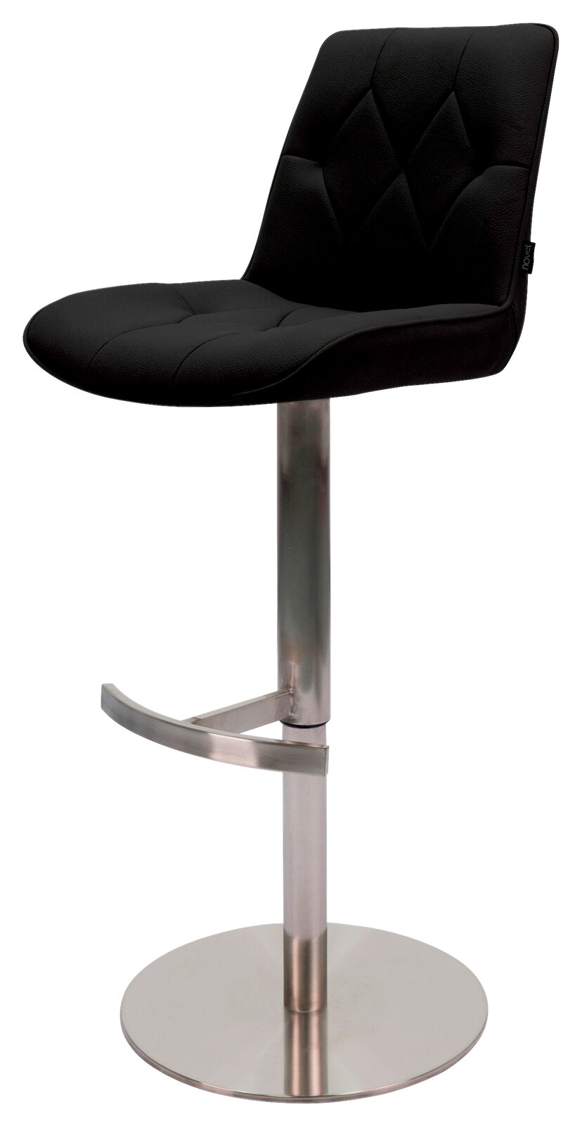 Moderner Barhocker mit schwarzem, gepolstertem Sitz und Rückenlehne, auf einem verchromten Standfuß mit Fußstütze. Seitenansicht.