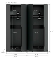 Offener, dunkelgrauer Kleiderschrank mit vier Türen in frontaler Ansicht; Maße ca. 160 x 180 x 52 cm, Innenaufteilung mit zwei Fächern (oben 37 cm, unten 130 cm), Tiefe 49 cm sowie Belastbarkeit 5 kg/20 kg je Fach.