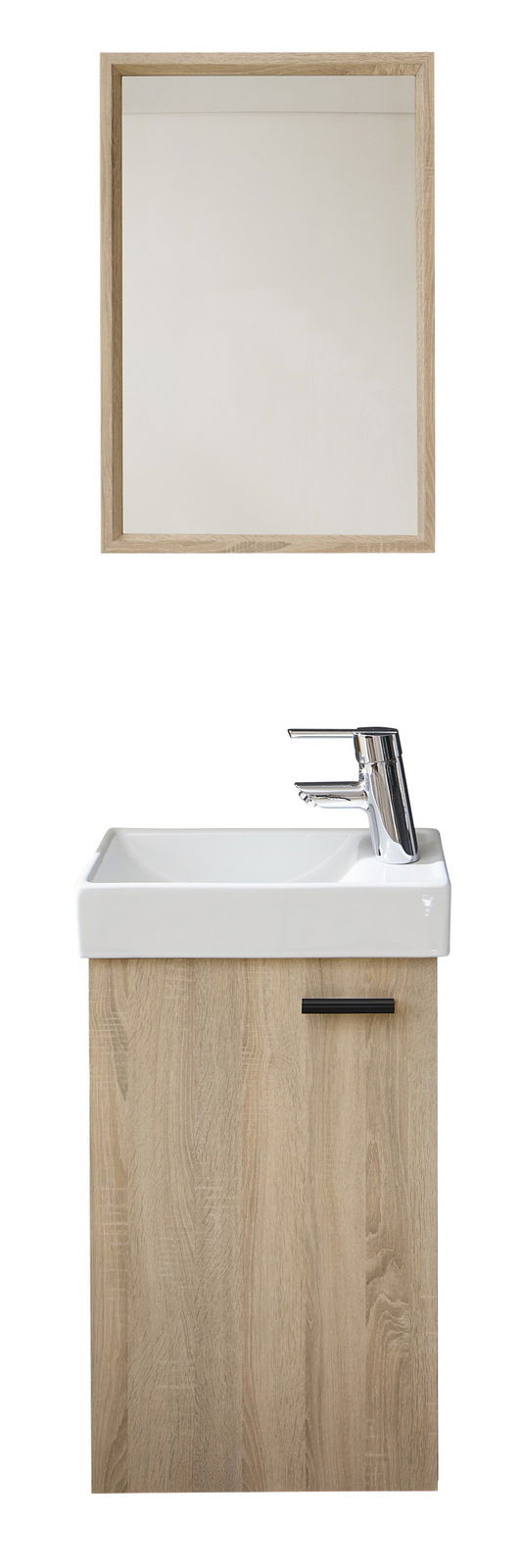 Waschtisch mit Holzschrank und Spiegel, Frontalansicht