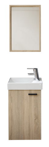 Waschtisch mit Holzschrank und Spiegel, Frontalansicht