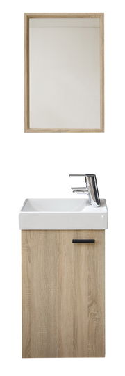 Waschtisch mit Holzschrank und Spiegel, Frontalansicht